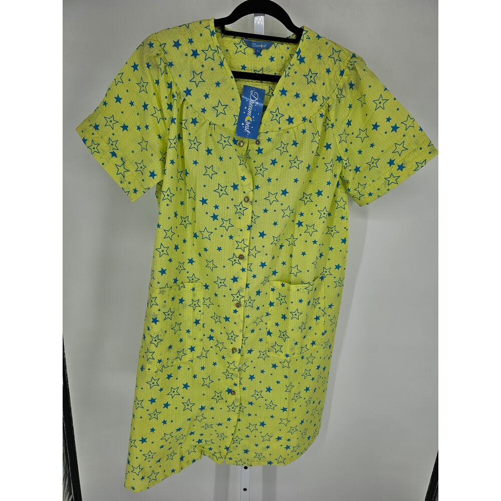 Dream Rest Womens Sz L Short Sleeve House Coat Nightgown bright Yellow Blue Star